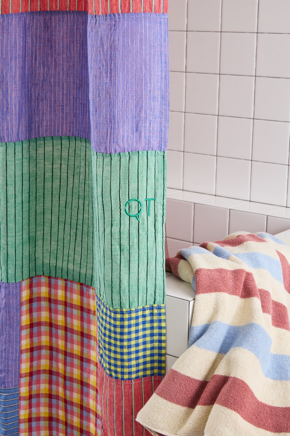 End Bits Linen Shower Curtain in Candy