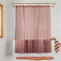 Sun Shower in rose front view of curtain hanging in a white tiled bathroom.