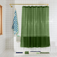 Sun Shower Pine front view of curtain hanging in a bathroom.