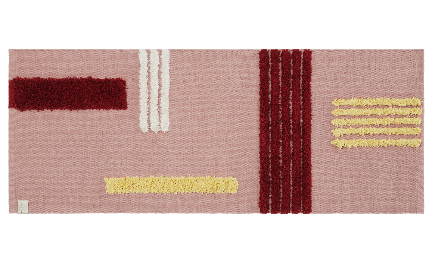 Rose colored reyes runner with burgundy, white, and yellow stripes. 