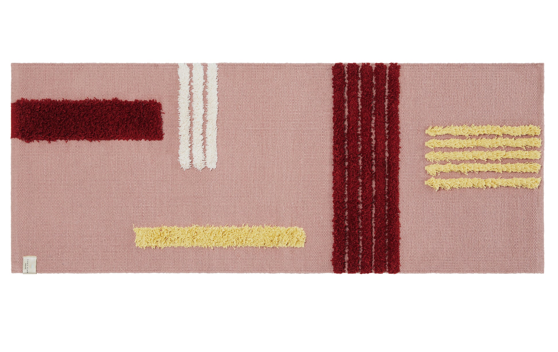 Rose colored reyes runner with burgundy, white, and yellow stripes. 