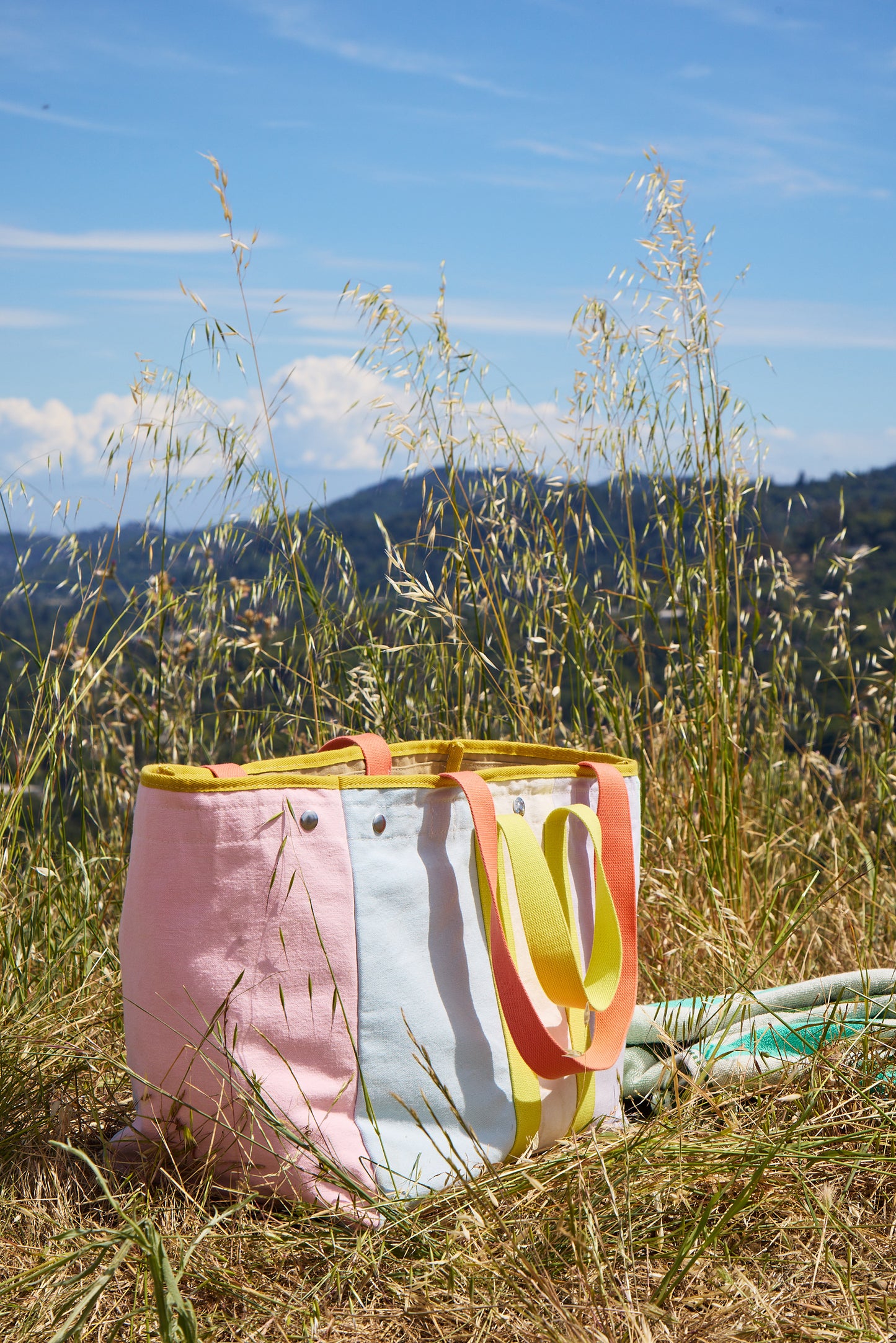 Colorful tote bag in a grassy field with mountains in the background