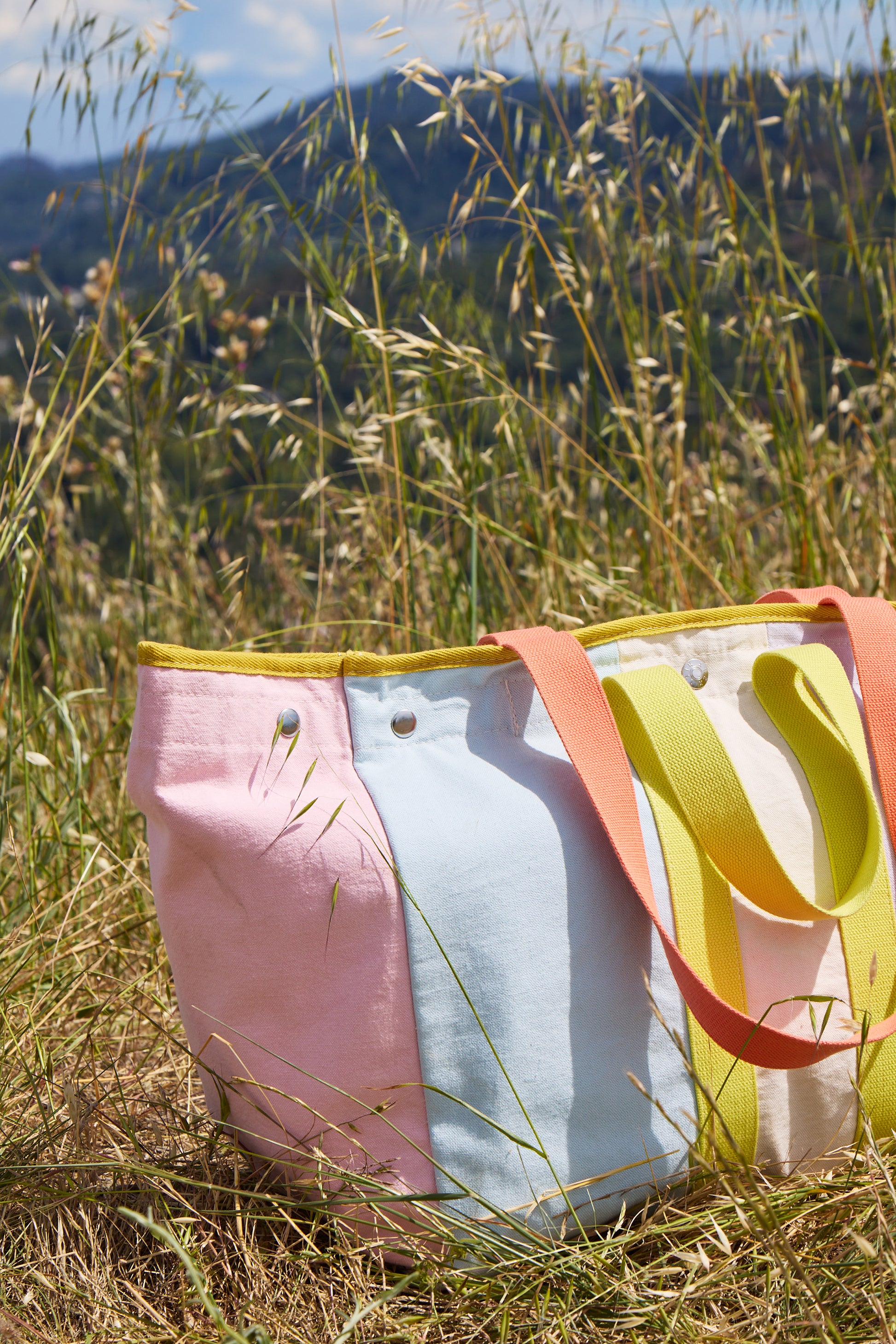 Colorful tote bag with pink, blue, and yellow straps on a grassy field