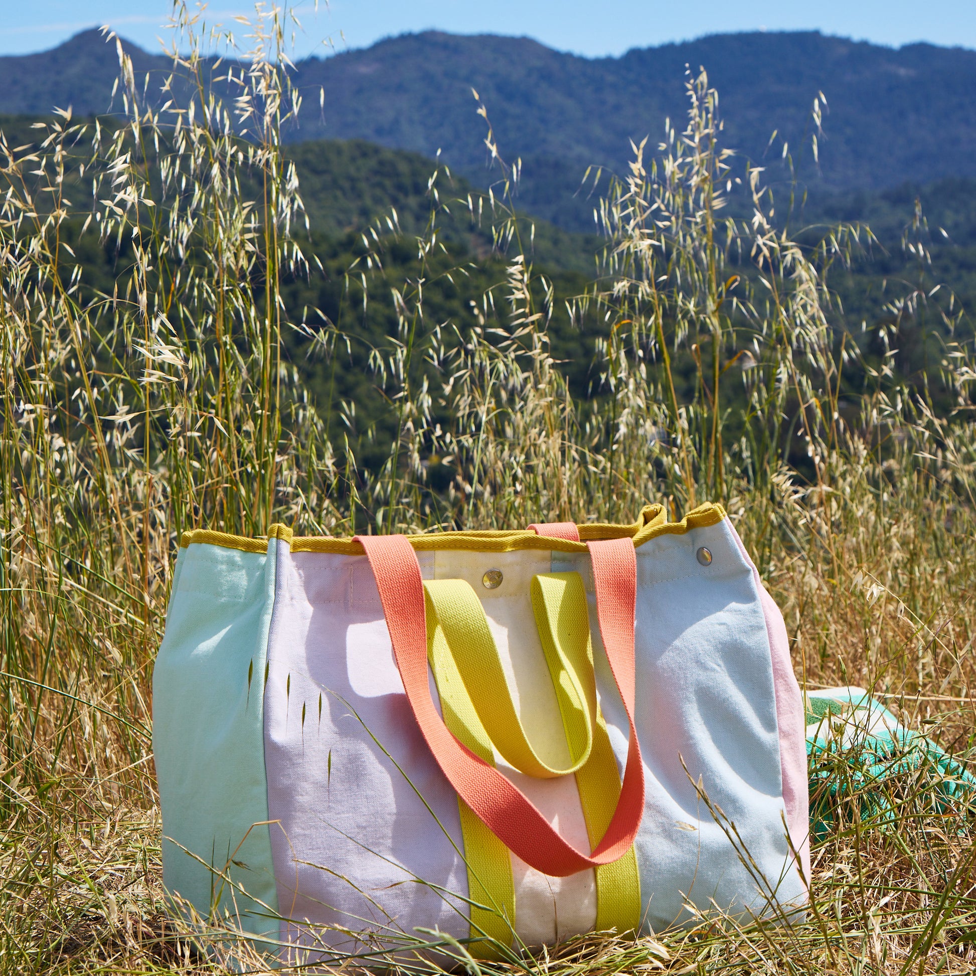 Colorful tote bag with straps in a grassy field with mountains in the background