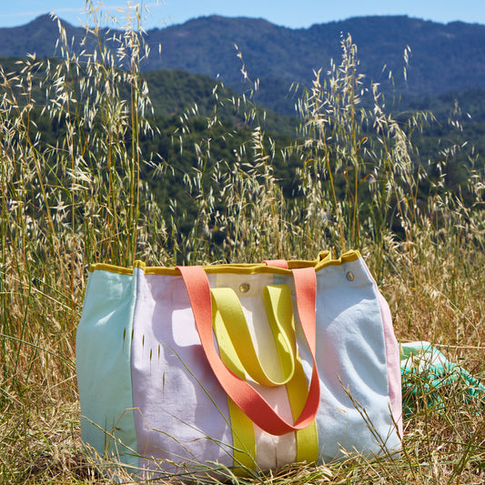 Colorful tote bag with straps in a grassy field with mountains in the background