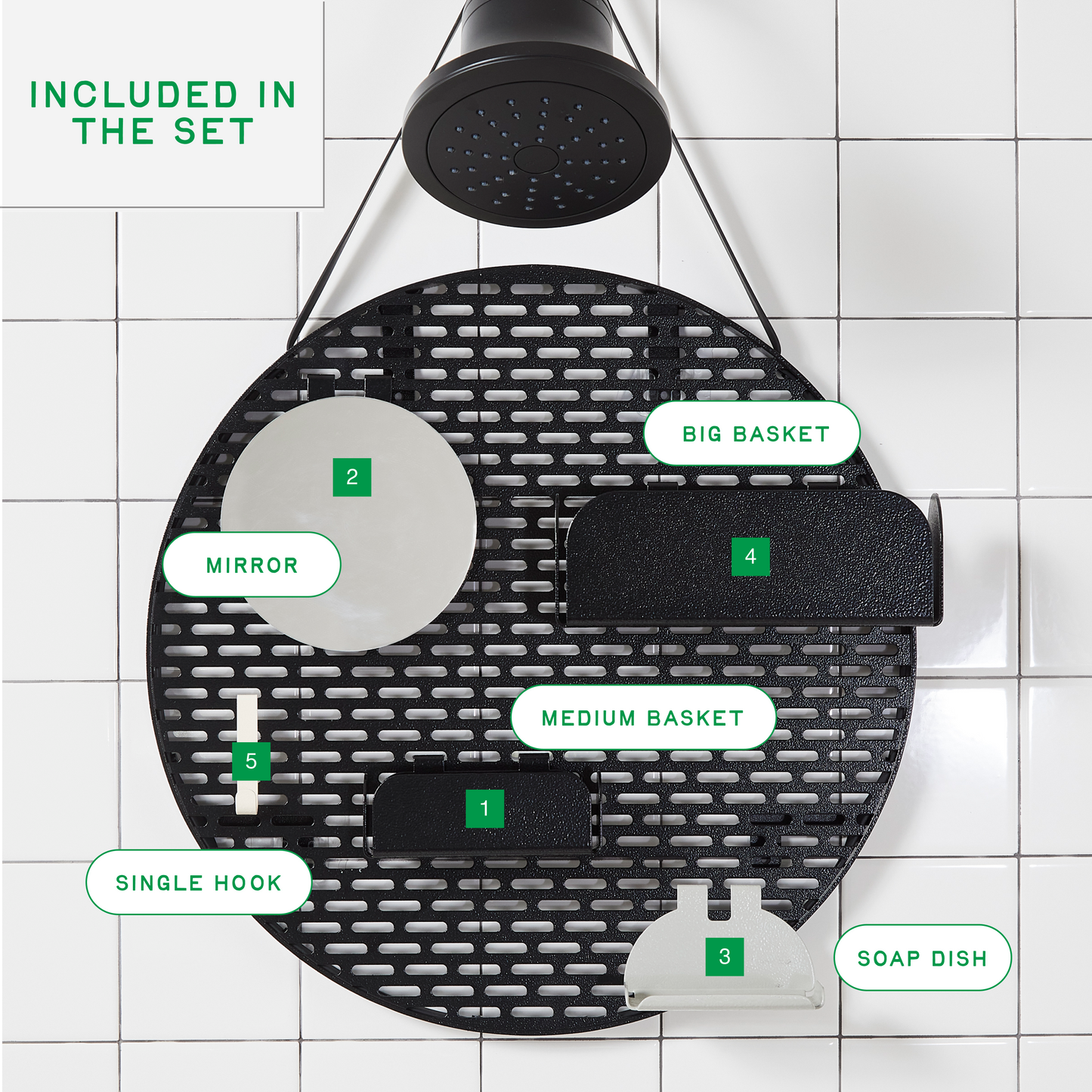 The Spot in Night Ride with all components labeled with numbers and names on a white tiled hanging from a black shower head. 