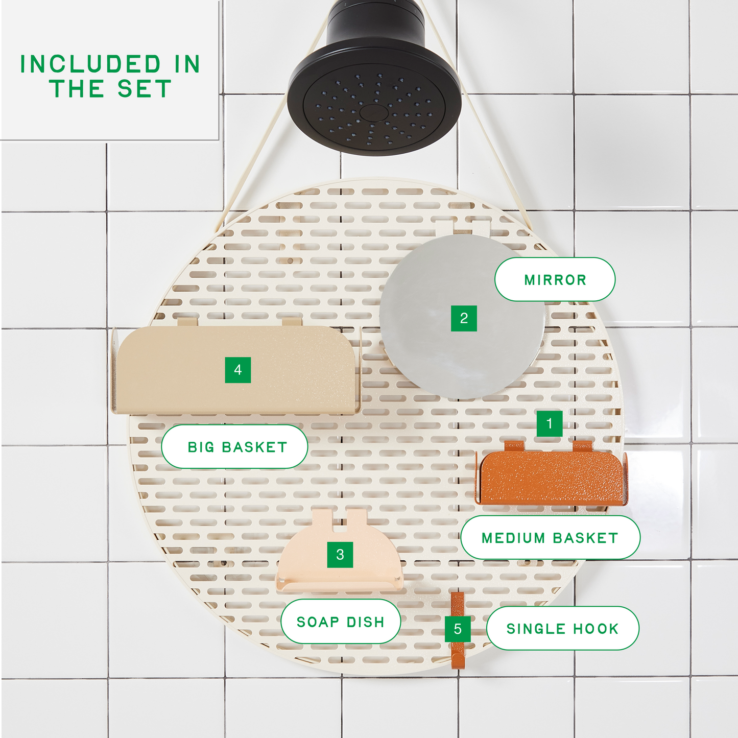 The Spot in "sand" with all kit components labeled and hanging from a black shower head on a white tiled wall. 
