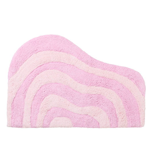 Pink two-toned curvy bath rug with wavy pattern on a white background