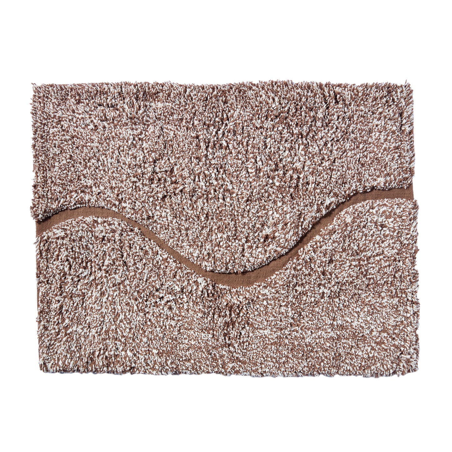 Brown bath mat in 21"x31" size with curvy path stripe contrast shot against a white backdrop.