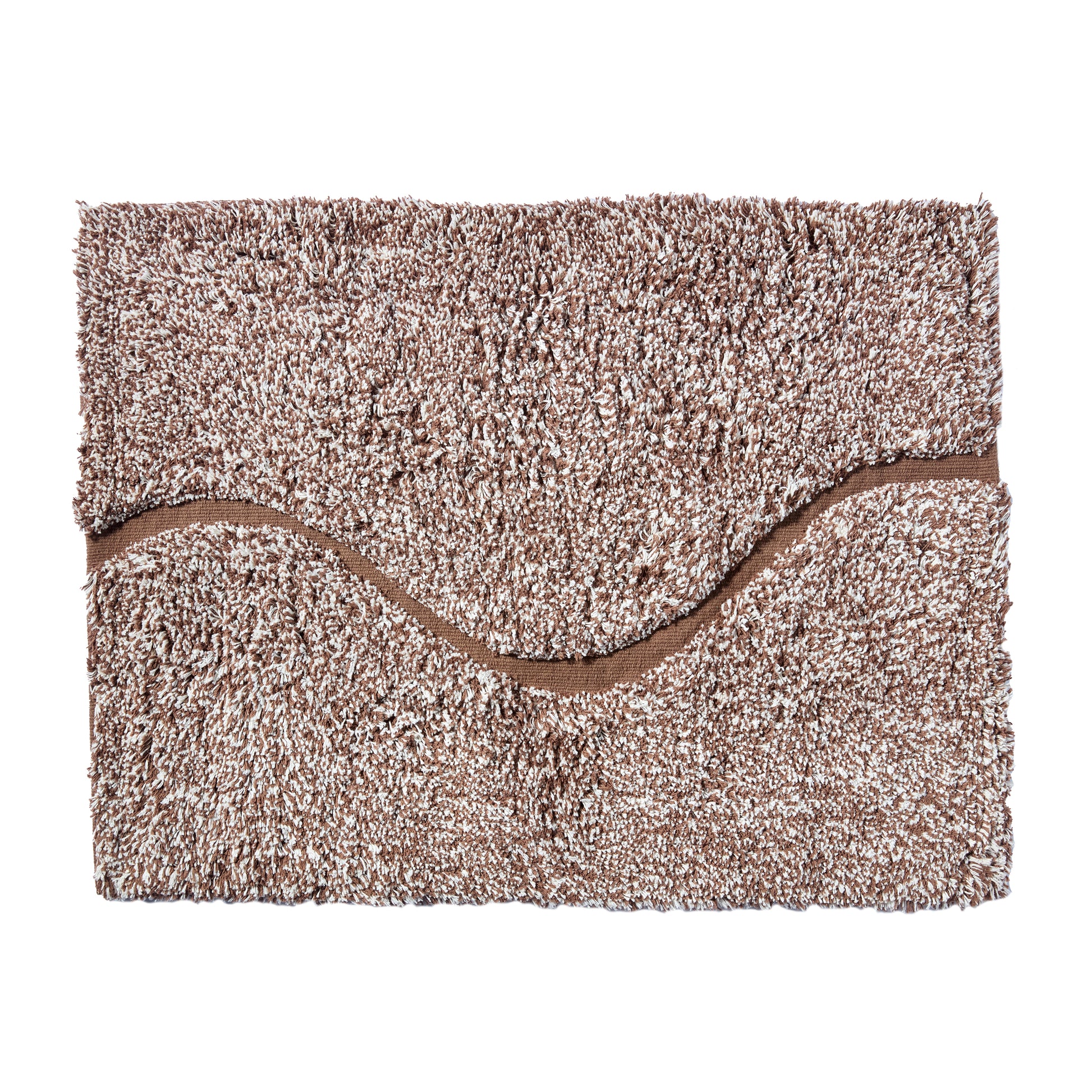 Brown bath mat in 21"x31" size with curvy path stripe contrast shot against a white backdrop.