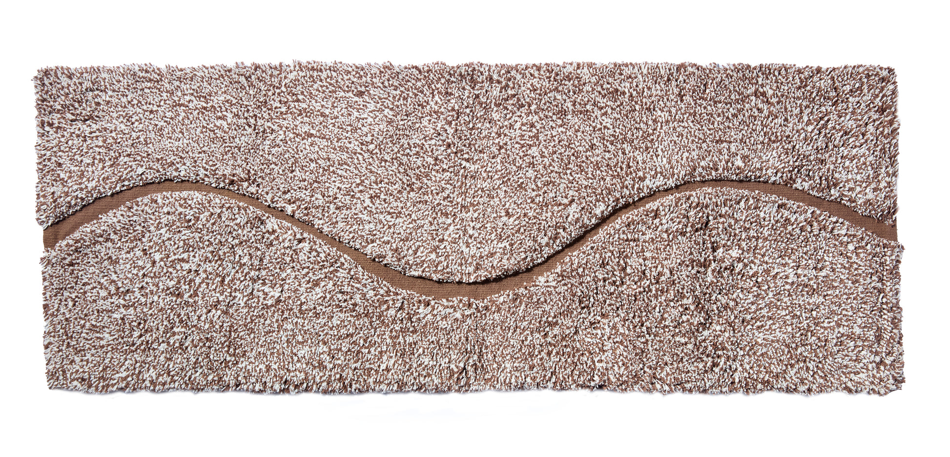 Brown bath mat in 56"x22" size with curvy path stripe contrast shot against a white backdrop.