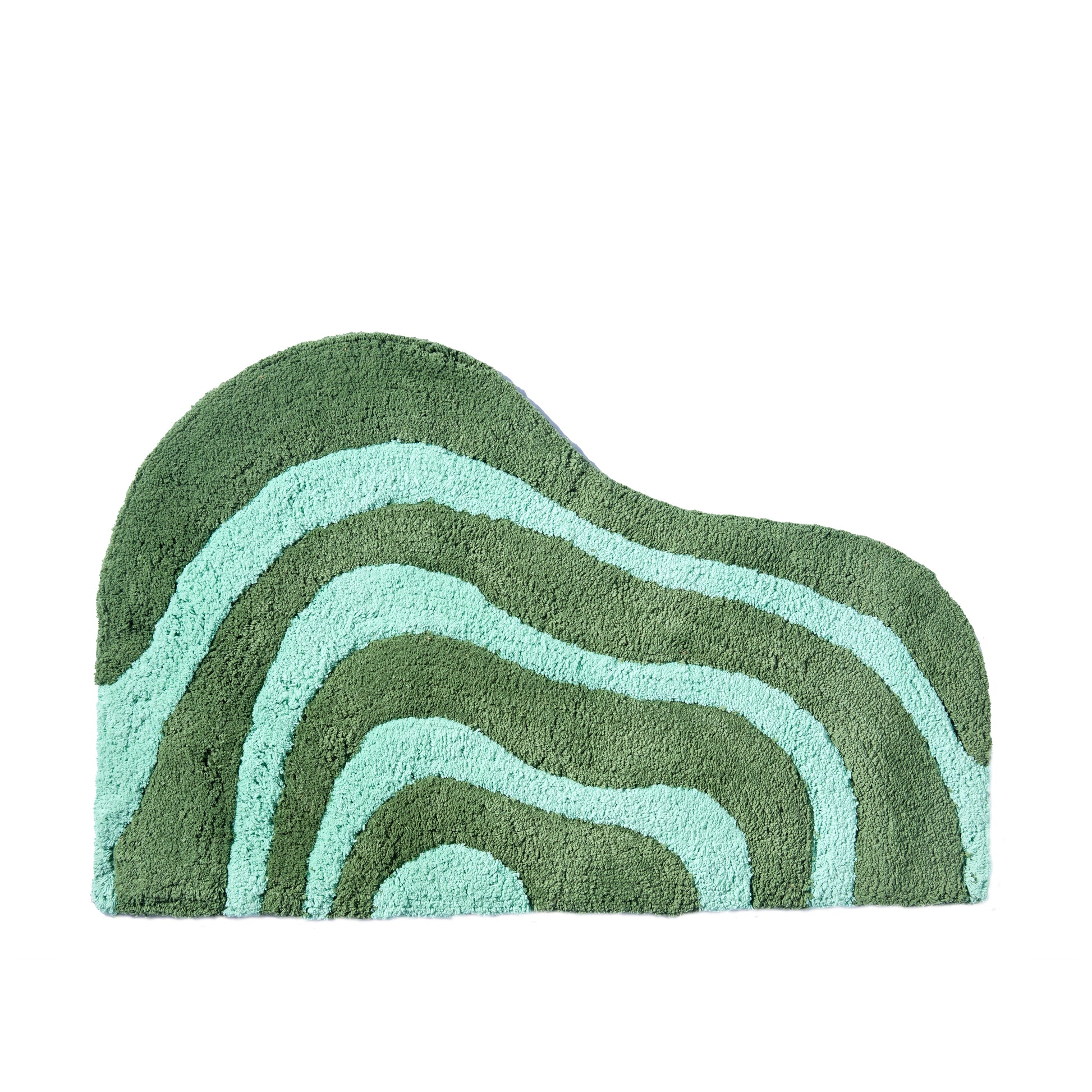 Wave shaped pine and jade striped bath mat in 21"x31" size with white background. 