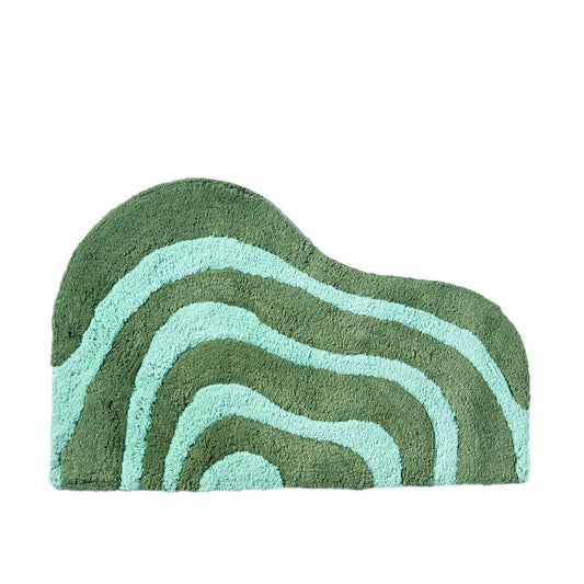 Wave shaped pine and jade striped bath mat in 21"x31" size with white background. 
