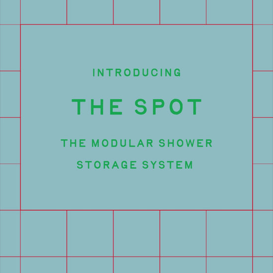 Video illustration of The Spot in "sand" hanging from a shower head on a tiled wall with the baskets and components showing modularity. 