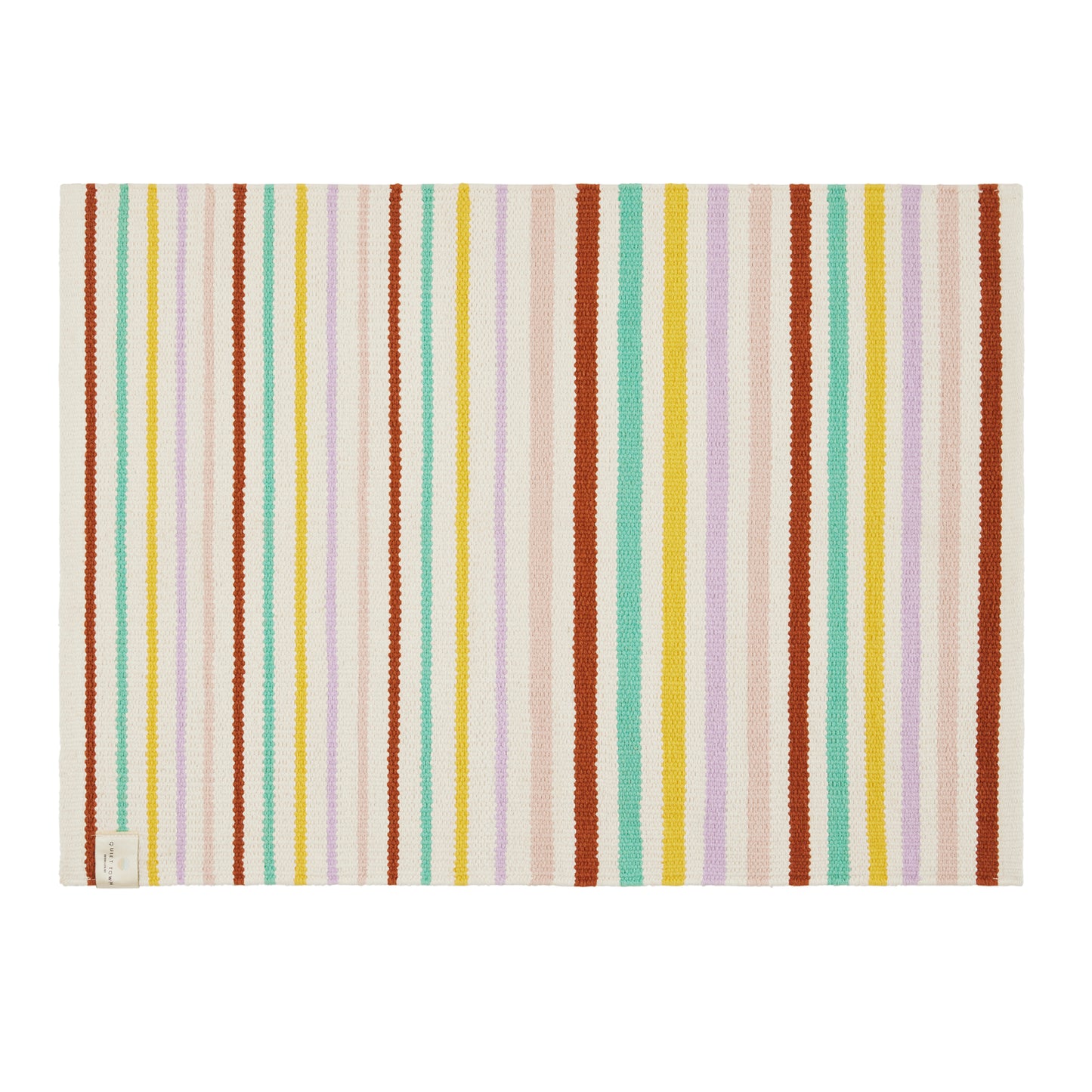 multi color striped cotton rug laying flat on a white background.