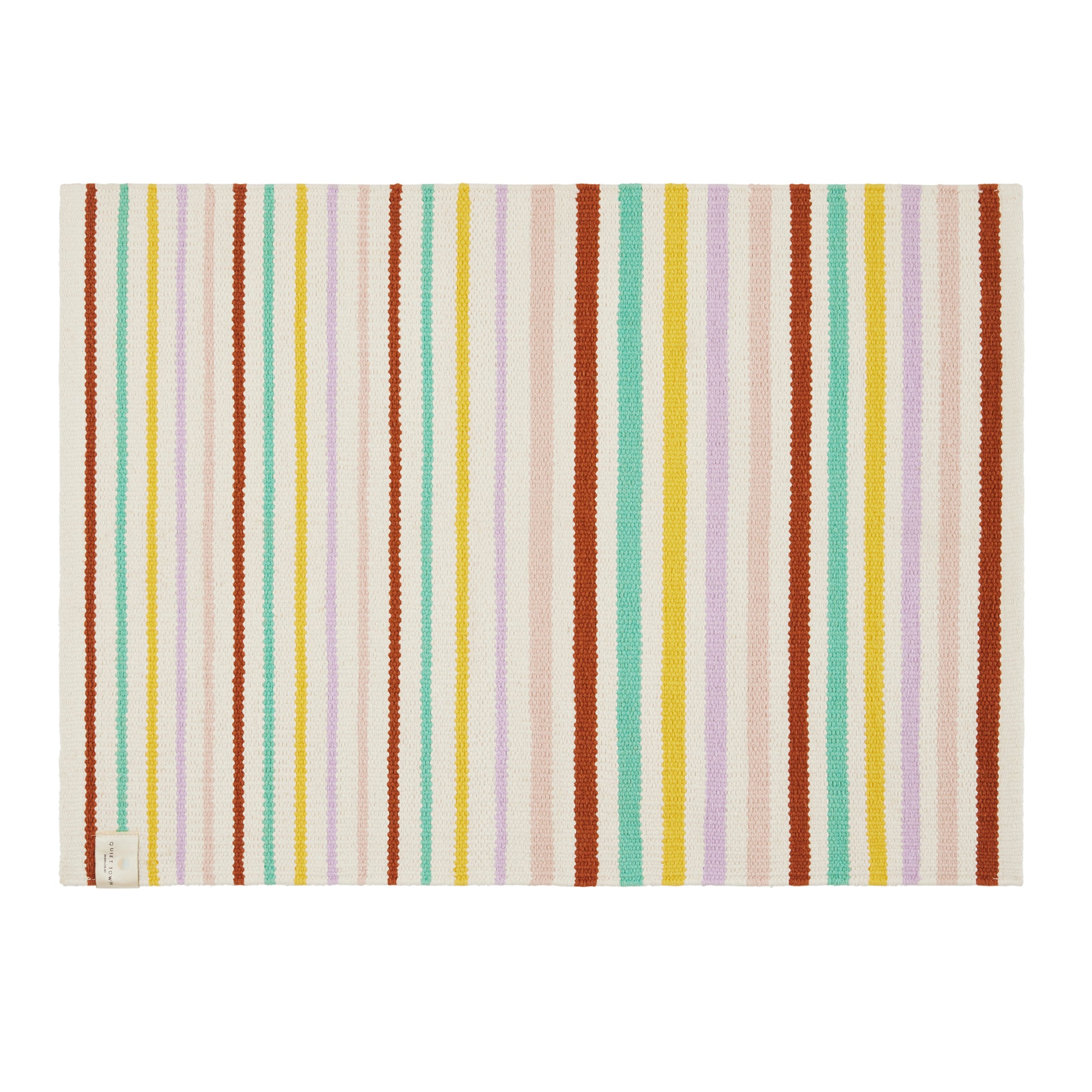 multi color striped cotton rug laying flat on a white background.