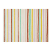 multi color striped cotton rug laying flat on a white background.