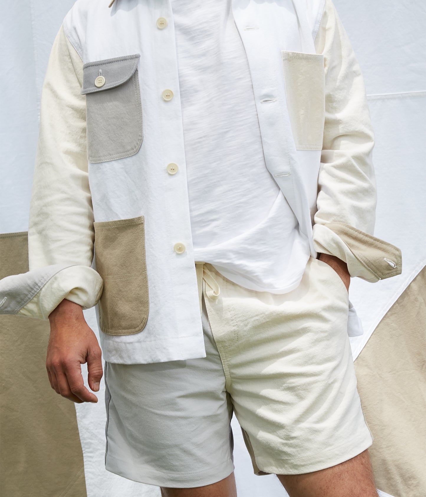 Alex Mill x Quiet Town Shorts Sand front view on model