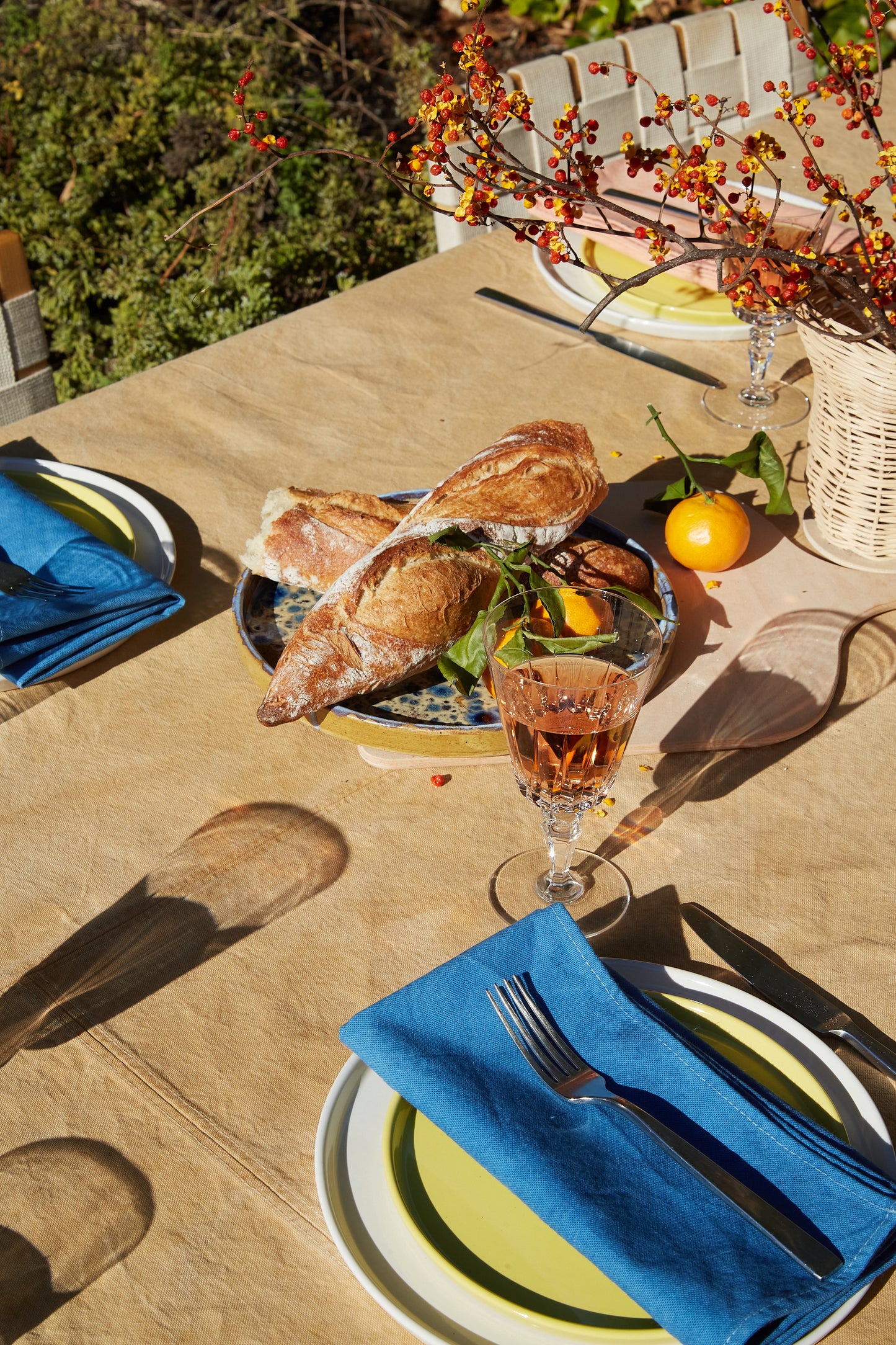 Naturally Dyed Napkins in Indigo detail view with outdoor dining